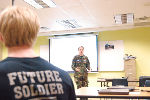 One future soldier listens to Rachel Young talk about the armed forces.