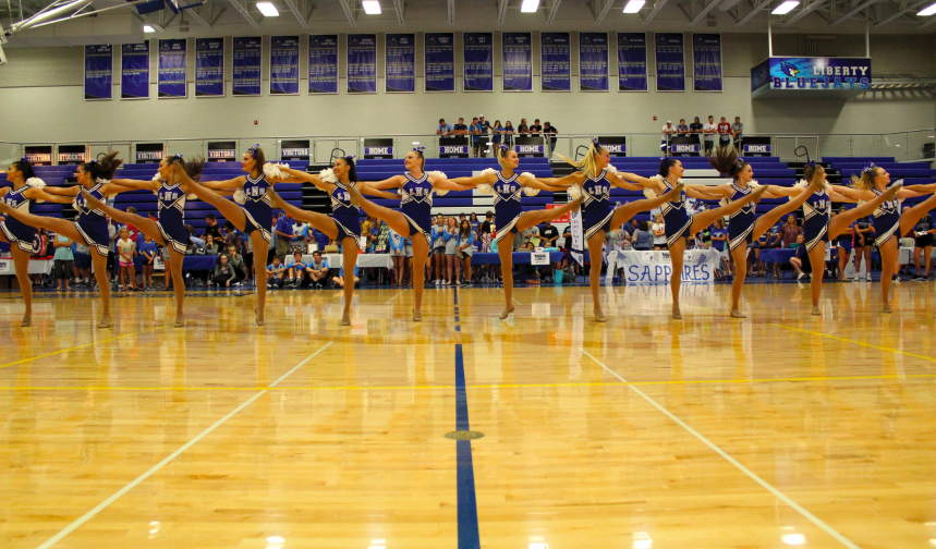 The varsity Sapphires team performed during the Blue Jay Nation Kick-Off in the fieldhouse. Photo by Chrystian Noble