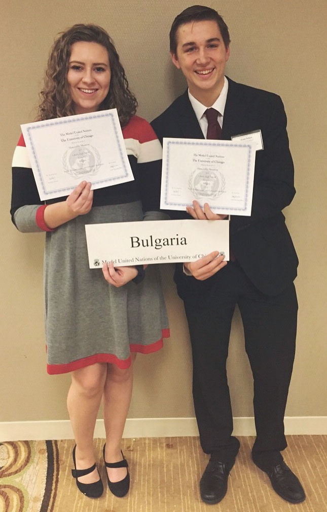 Juniors Abby Maloney and Evan Nelson received an honorable mention for their work as the delegates from Bulgaria at the Model United Nations conference in Chicago from February 1-4. Photo Courtesy of Abby Maloney.