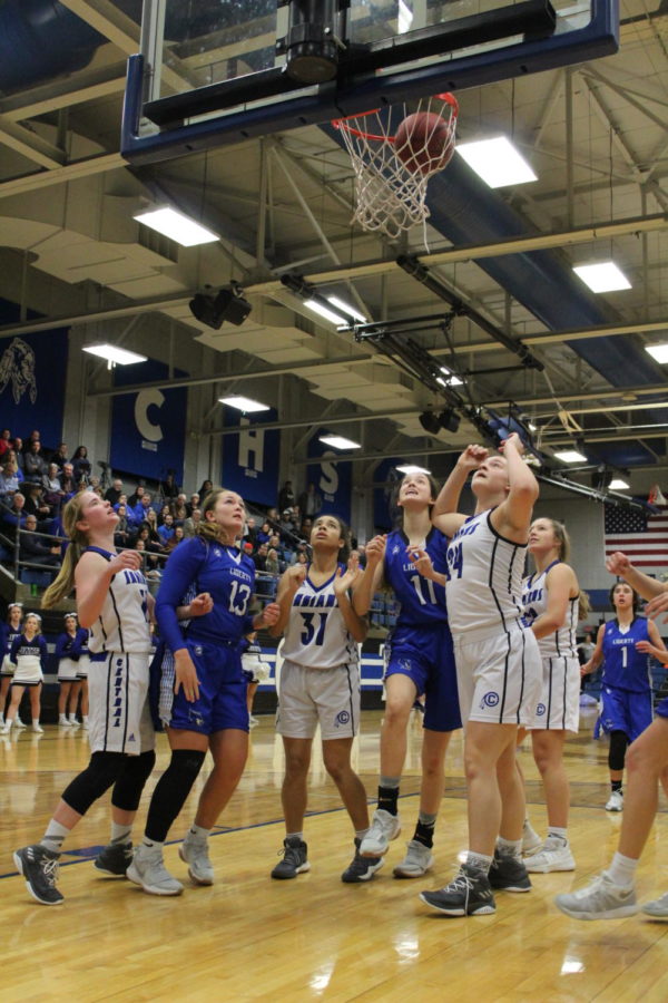 The Lady Jays prepare to grab a rebound in a game against St. Joseph Central High School on January 12, where LHS won 55-54. Photo by Chrystian Noble.