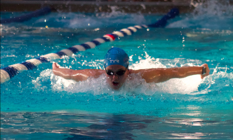 Junior Ellie Hartwig does the butterfly stroke while swimming during practice. The Lady Jays swim and dive team has had a successful season so far and is currently preparing for state. Photo by Ashley Ritter.