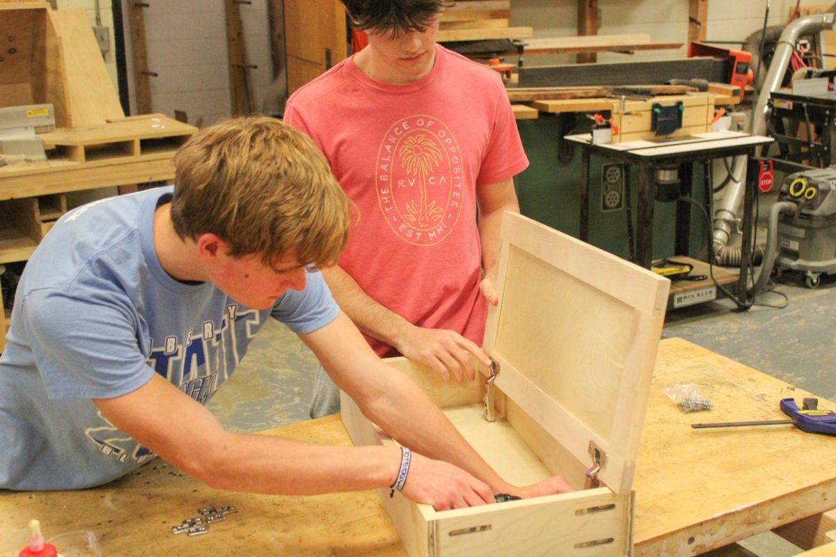 Advanced+Woodworking+students+work+to+put+the+finishing+touches+on+their+custom+cabinets%2C+their+first+projects+of+the+year.+These+students+will+make+up+the+majority+of+this+year%E2%80%99s+playhouse+build+for+the+KC+Parade+of+Playhouses+which+will+be+auctioned+off+to+fund+STEM+education+in+the+KC+area.